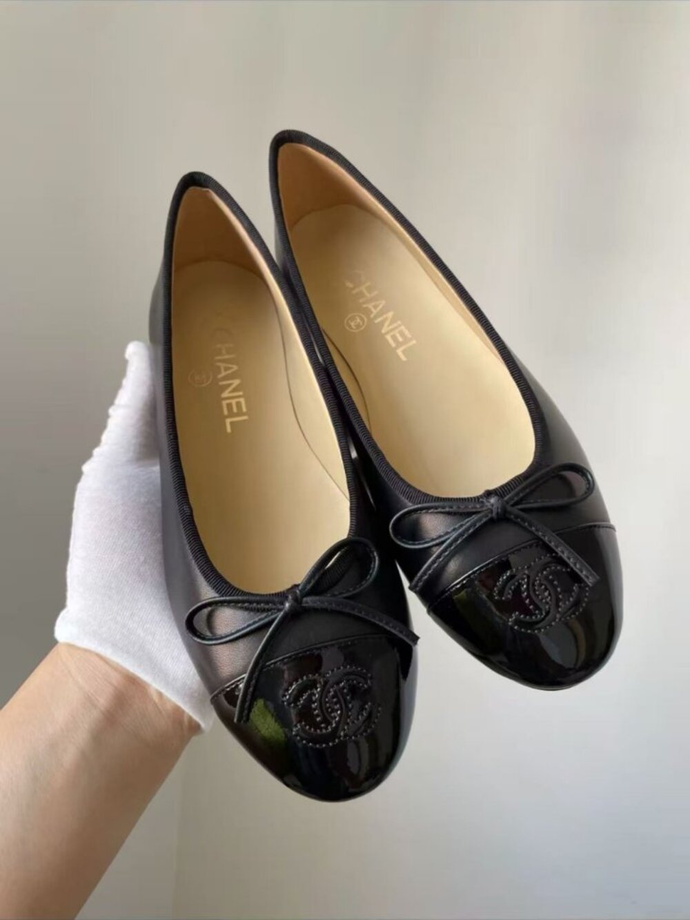 CHANEL Lambskin Patent Toe Ballerina Flat Shoes